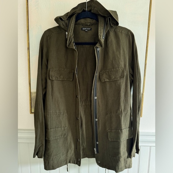 DEAR JOHN Army Green Linen Blend Utility Jacket Removable Hood Size Small - Picture 1 of 6